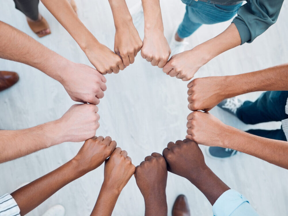 Business people teamwork, fist bump and collaboration, cooperation and trust, goals and support. Ab